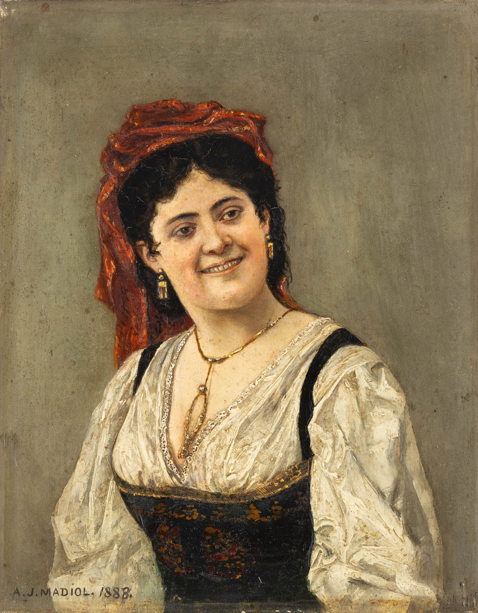 Adrien Jean Madiol (1845-1927) 'Italian Girl', a portrait, oil on panel (1888).: Adrien Jean Madiol (1845-1927) 'Italian Girl', a portrait, oil on panel (1888). Oil on panel.Signed and dated lower left. (45 x 39 cm) (21.5 x 27 x 0 cm)