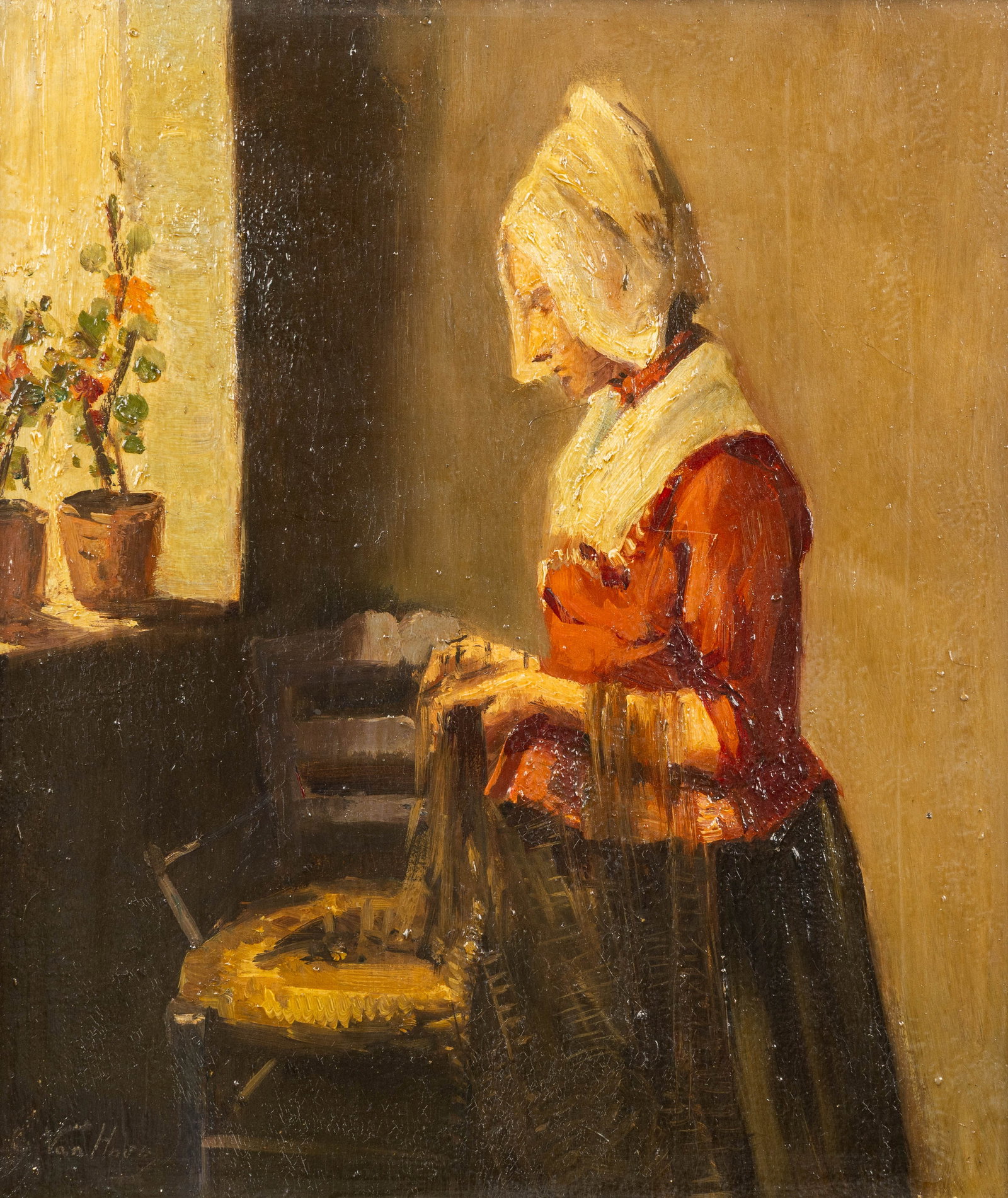 Edmond Van Hove (1853-1913) 'La Rempailleuse', oil on panel. (1 of 7)