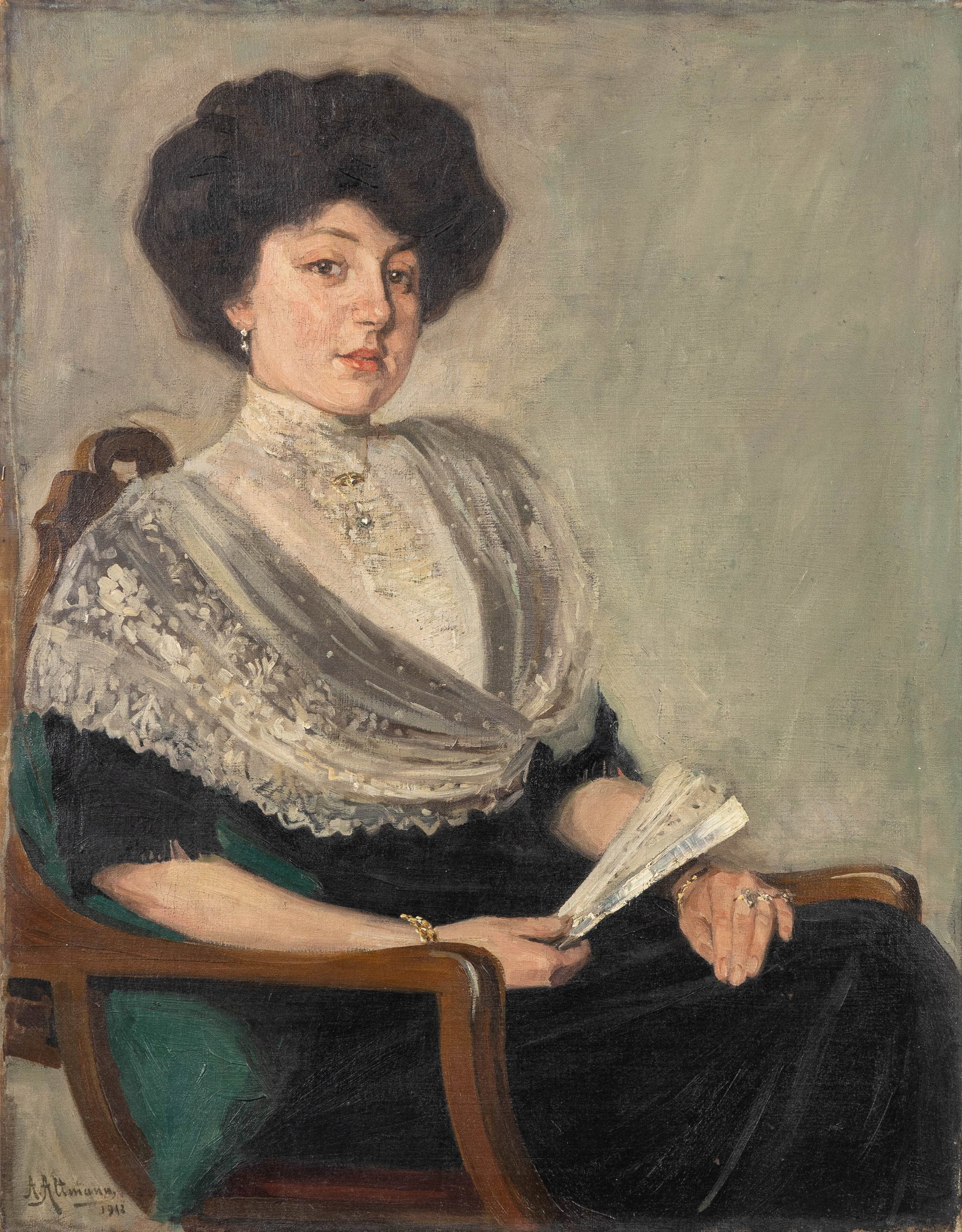 Alexander Altmann (1878-1932) 'Portrait of a Lady with a Fan', oil on canvas (1918).: Alexander Altmann (1878-1932) 'Portrait of a Lady with a Fan', oil on canvas (1918). Oil on canvas.Signed and dated lower left. (Unframed) (70 x 90 x 0 cm)