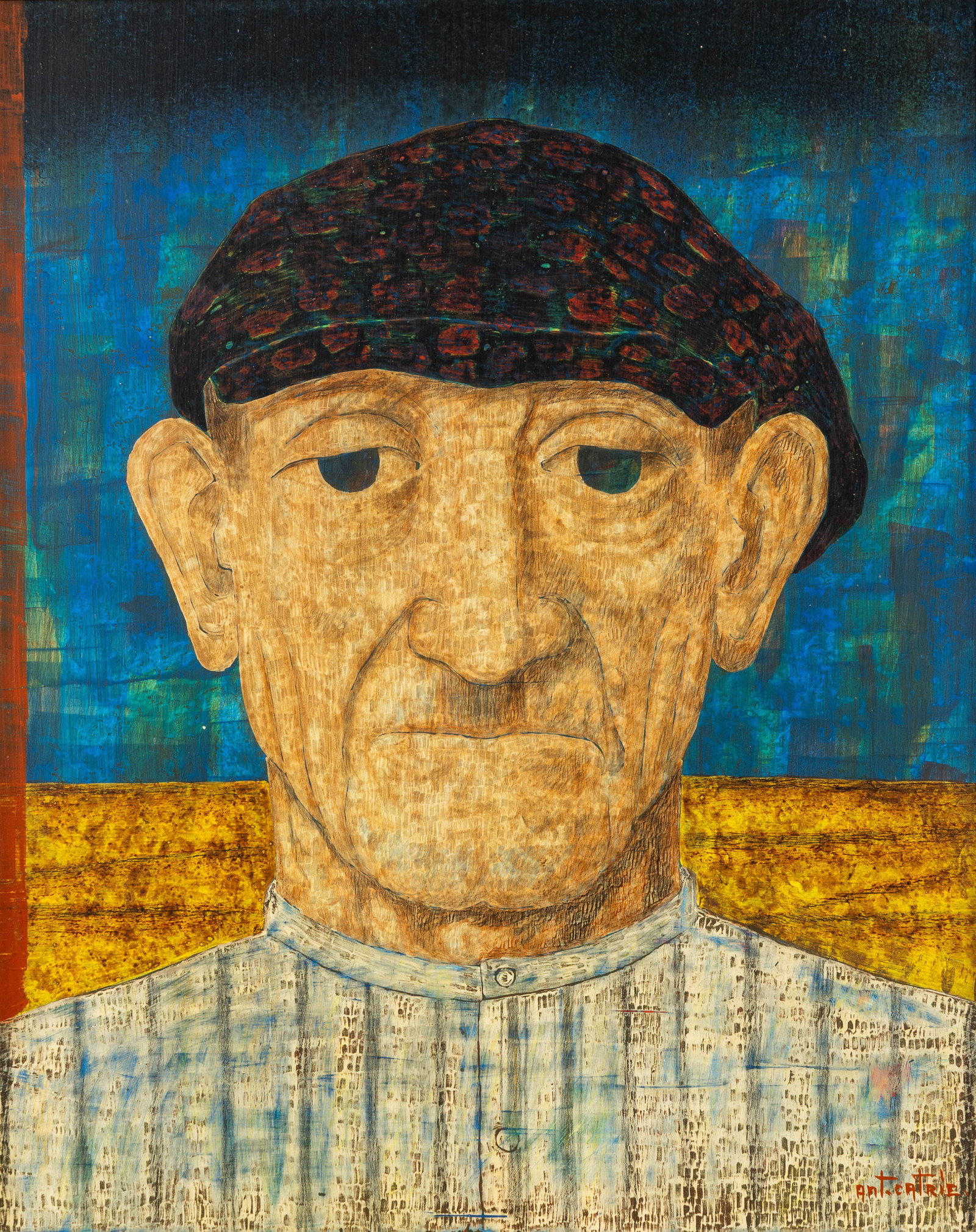 Antoon Catrie (1924-1977) 'Portrait of a Man with a Cap', oil on panel.: Antoon Catrie (1924-1977) 'Portrait of a Man with a Cap', oil on panel. Oil on panel. Signed lower right. (66.5 x 56.5 cm) (40 x 50 x 0 cm)