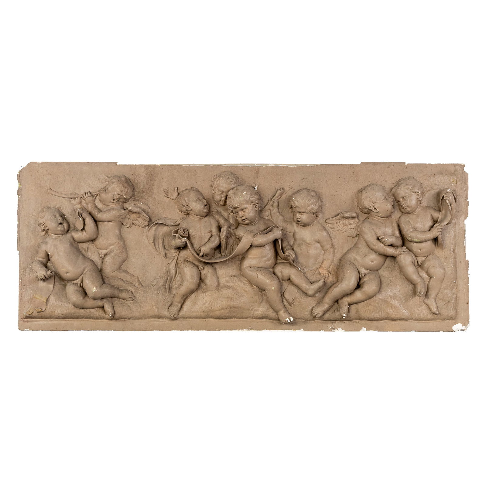 A Large supraporte or frieze with musical and dancing putti, patinated plaster, circa 1920.: A Large supraporte or frieze with musical and dancing putti, patinated plaster, circa 1920. Patinated plaster.Supraporte, overdoor piece, or frieze with high-relief sculptured putti or cherubs. (228 x