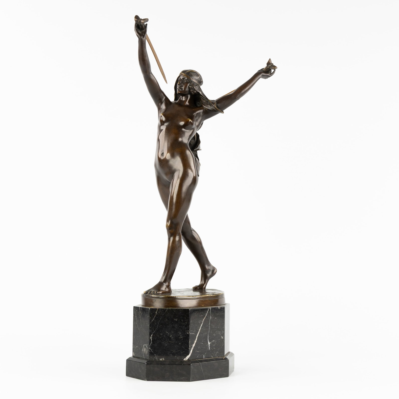 Adolf Carl Johannes Brütt (1855-1939) 'Sword Dancer', patinated bronze, Aktien-Gesellschaft: Adolf Carl Johannes Brütt (1855-1939) 'Sword Dancer', patinated bronze, Aktien-Gesellschaft Gladenbeck Berlin. Patinated bronze, mounted on a marble base.Signed 'Brütt'.Marked 'Akt-Ges. Gl