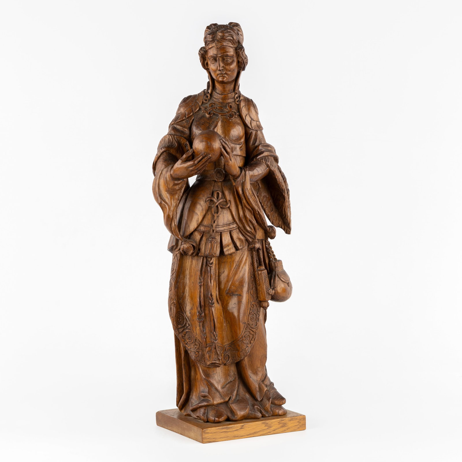 Flemish School, a wood-sculptured statue of a Late Medieval lady with a sphere or orb, Oak. 20h C. (1 of 8)