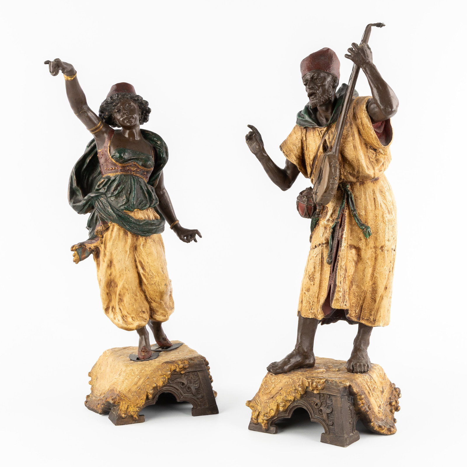 After Franz Bergmann (1861-1936), a pair of Bedouins, musician and dancer, cold-patinated spelter, (1 of 12)