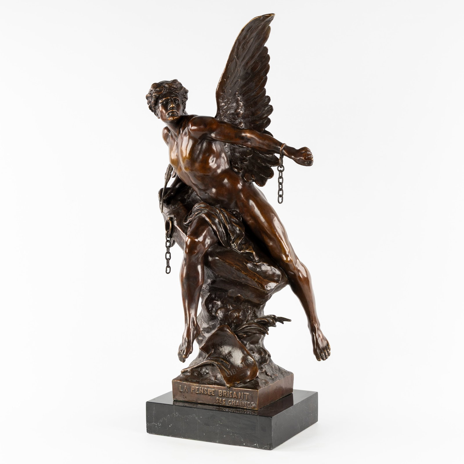 Emile Picault (1833-1915) 'La Pensée Brisant ses Chaines', patinated bronze and marble. (1 of 9)