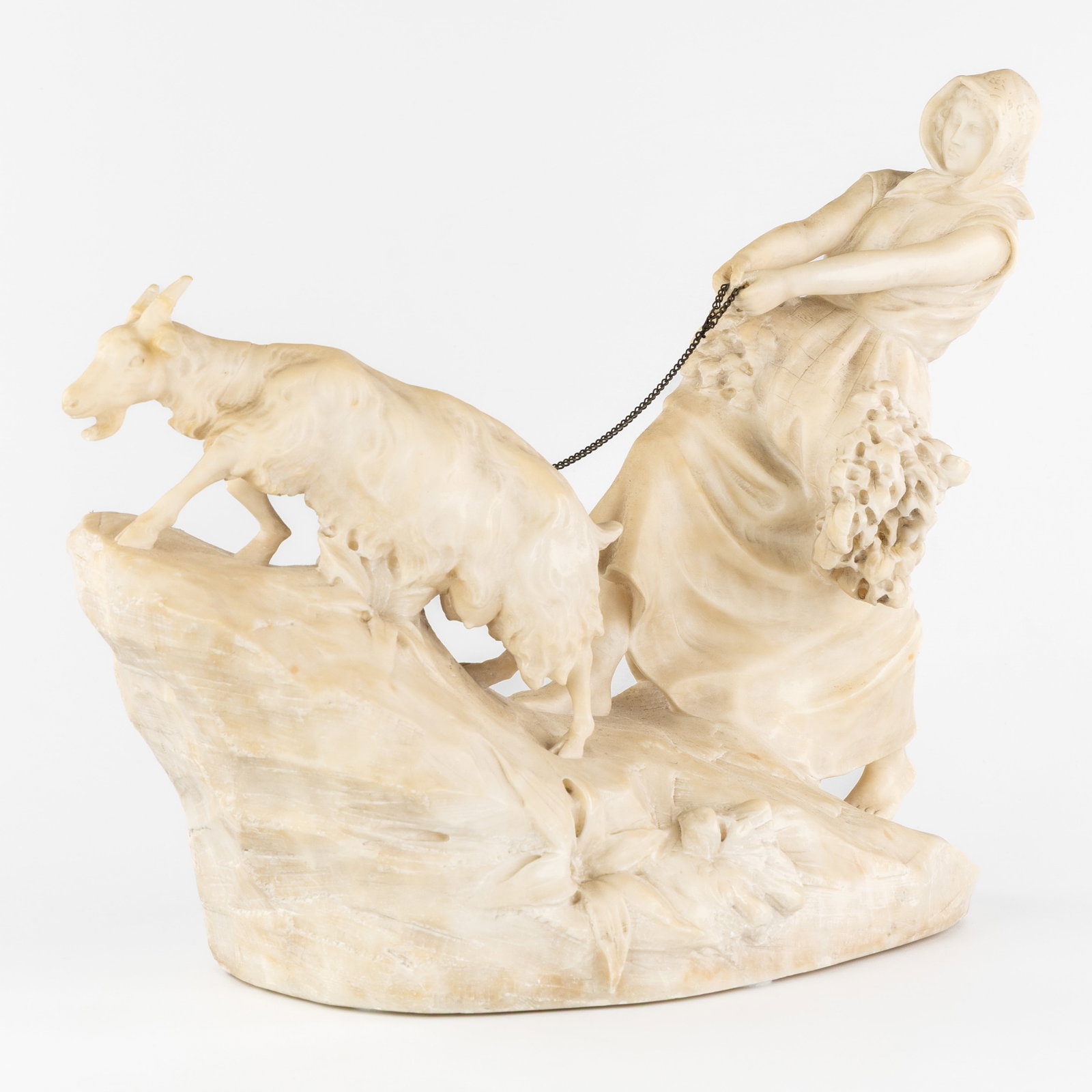 'Goatherd with her Goat', a sculptured alabaster statue, signed. (1 of 10)
