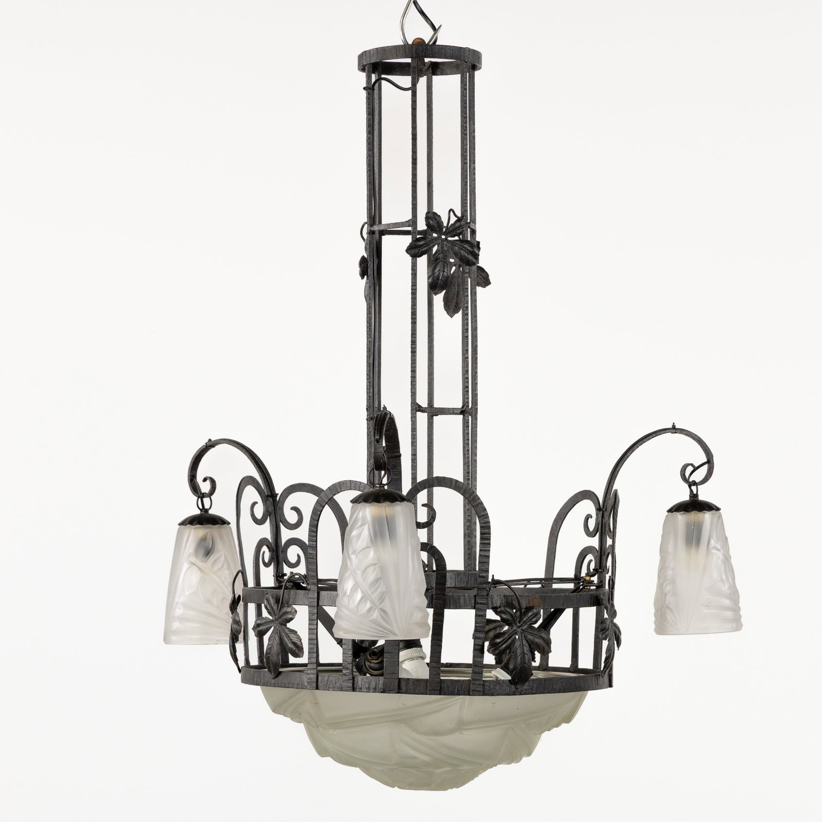 Compiegne France, a wrought iron chandelier with a bowl and three lampshades, patinated wrought iron (1 of 8)