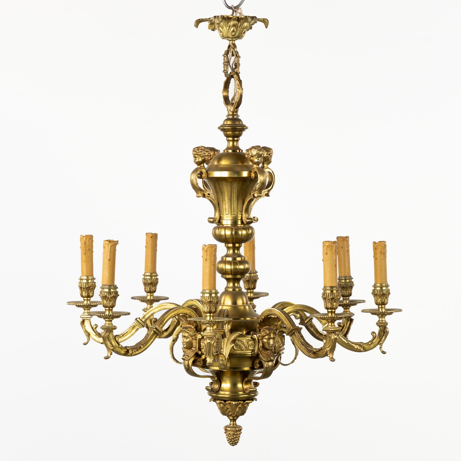 A Bronze 'Mazarin' chandelier, decorated with cherub heads and female heads, 20th C. (1 of 6)