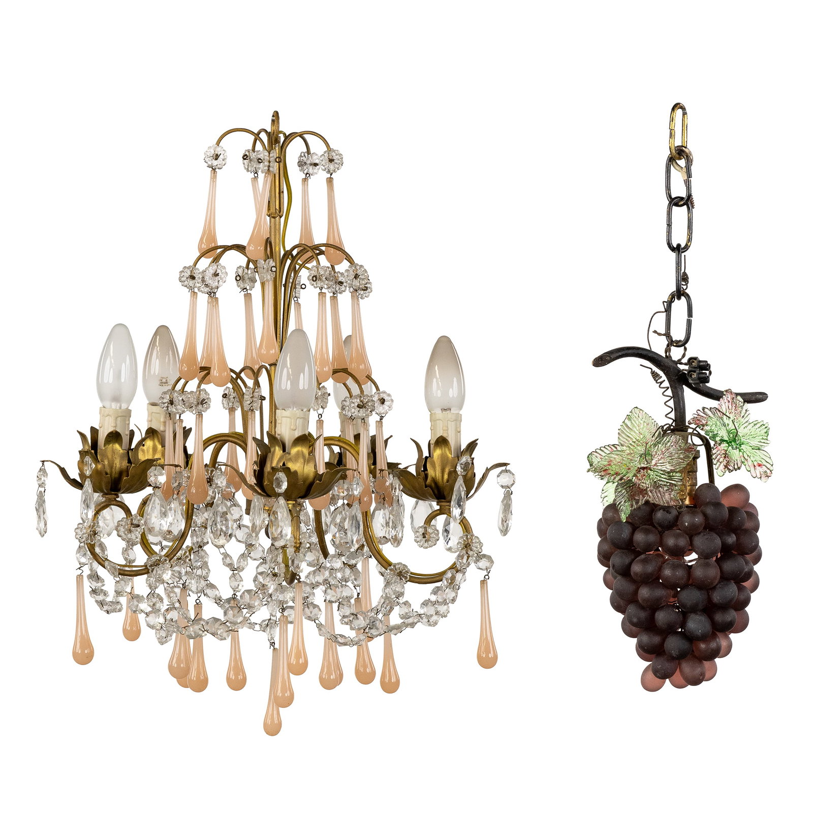 A Decorative glass 'Grape Cluster' chandelier in Murano style, and a chandelier with glass drops and: A Decorative glass 'Grape Cluster' chandelier in Murano style, and a chandelier with glass drops and bubbles. Coloured glass, patinated metal, and brass.Chandelier in the shape of a grape cluster.On