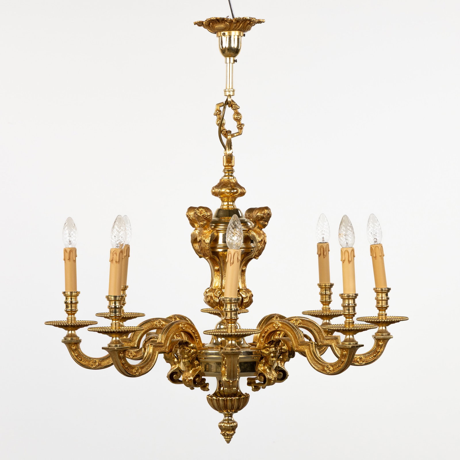 A Large 'Mazarin' chandelier, gilded bronze, decorated with cherub heads and female heads, 20th C.: A Large 'Mazarin' chandelier, 