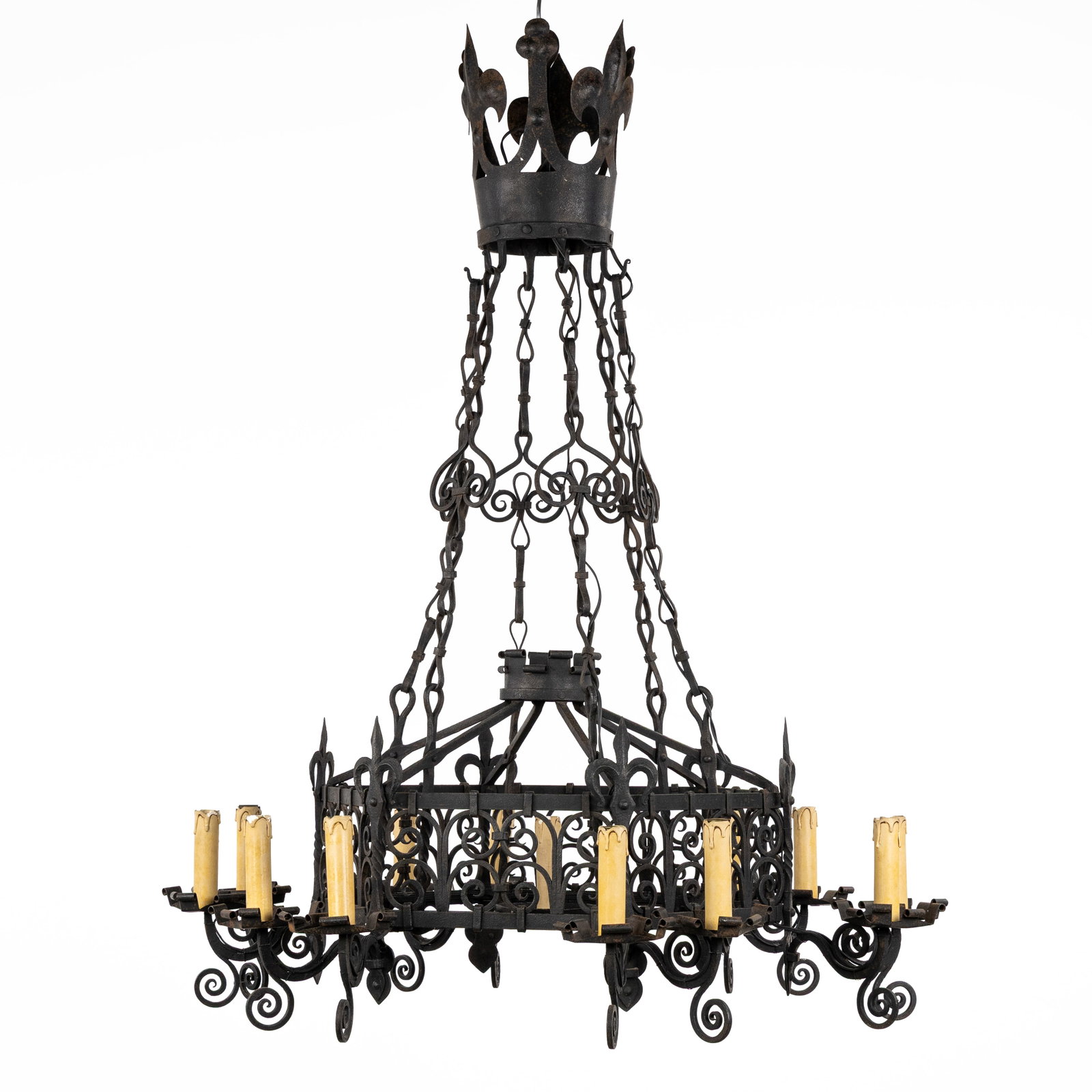 A Large wrought iron castle chandelier, decorated with a Crown and Fleur-de-Lis, France, 19th C. (1 of 7)