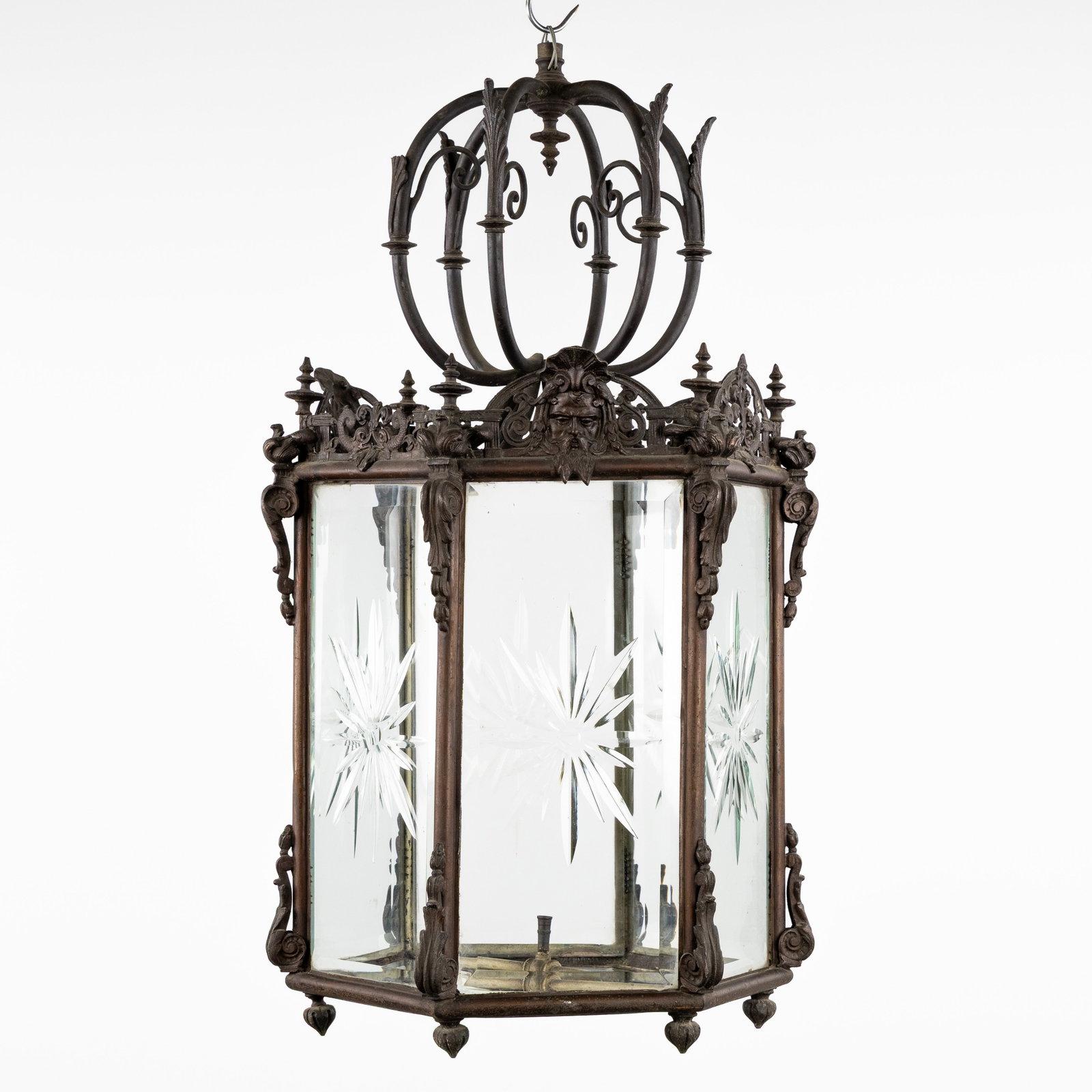 A Large antique hall lantern or gas chandelier with cut glass panels, wrought iron and spelter, (1 of 6)