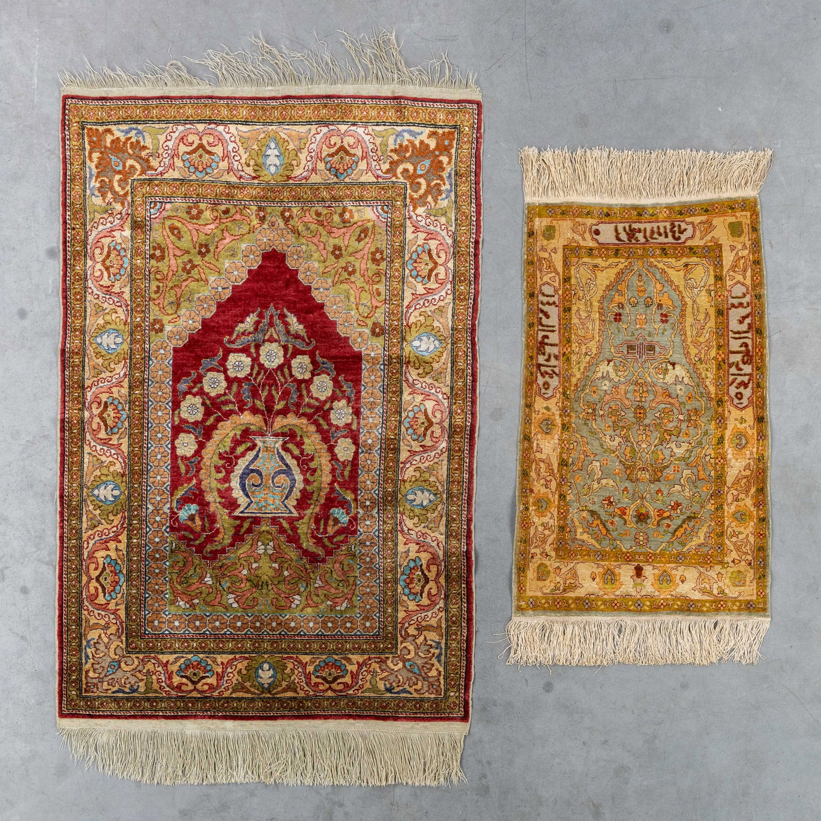 Two Oriental hand-made carpets, silk with gold thread, Istanbul, Turkiye (110 x 70 cm / 72 x 41 cm) (1 of 8)