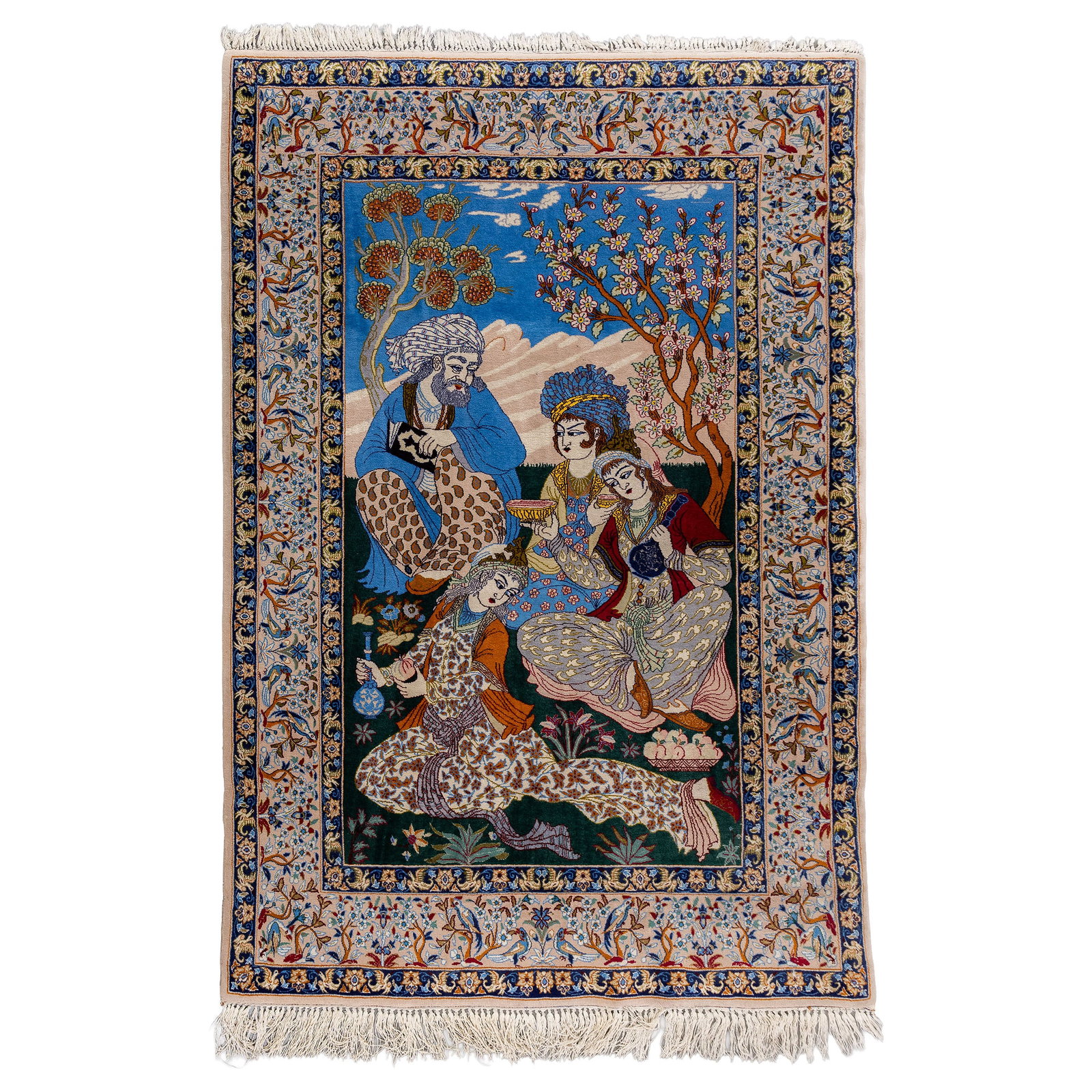 An Oriental hand-made figurative carpet, probably Isfahan, Iran (168 x 111 cm).: An Oriental hand-made figurative carpet, probably Isfahan, Iran (168 x 111 cm). (111 x 168 x 0 cm)