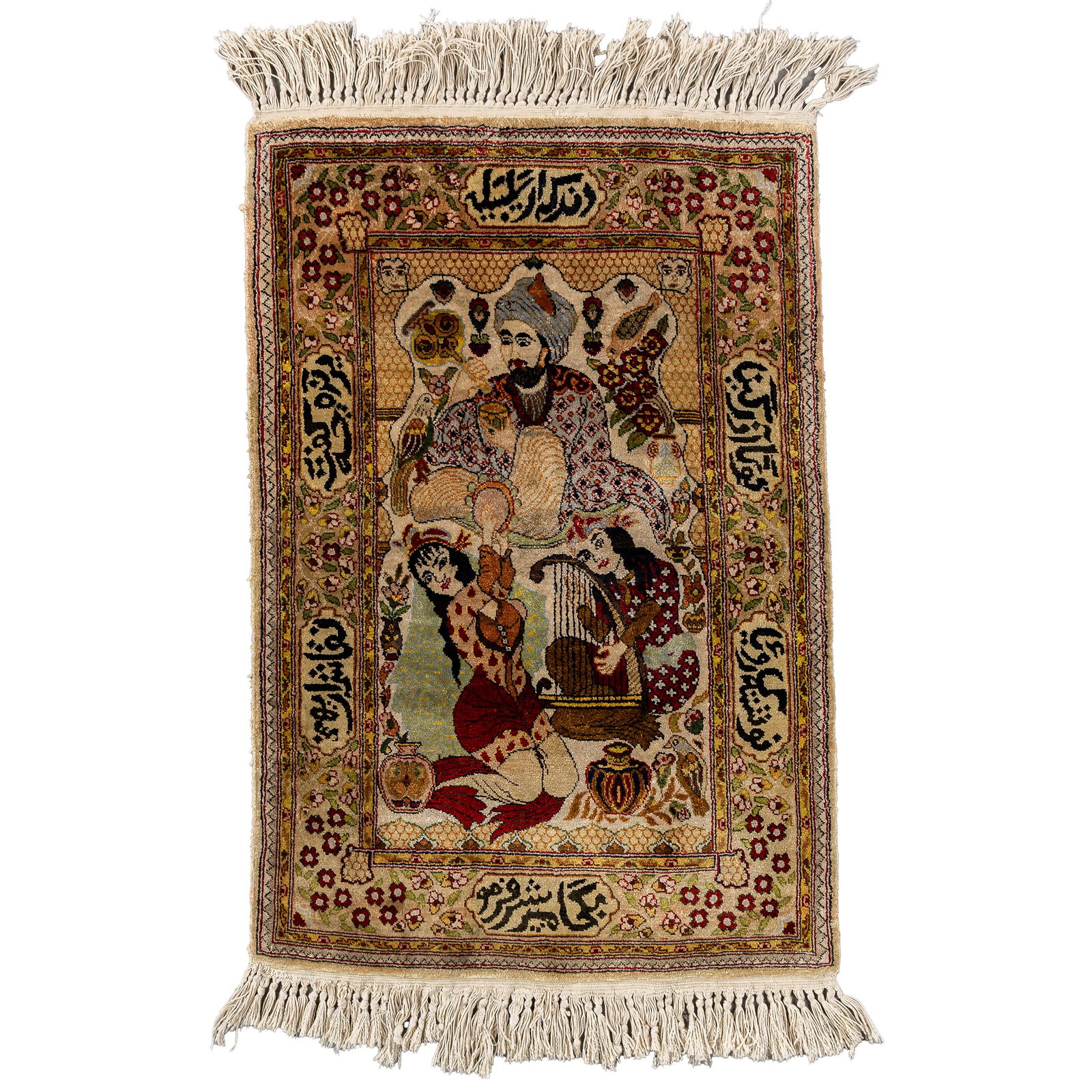 An Oriental hand-made carpet with figurative decoration, Turkiye (74 x 51 cm).: An Oriental hand-made carpet with figurative decoration, Turkiye (74 x 51 cm). (51 x 74 x 0 cm)