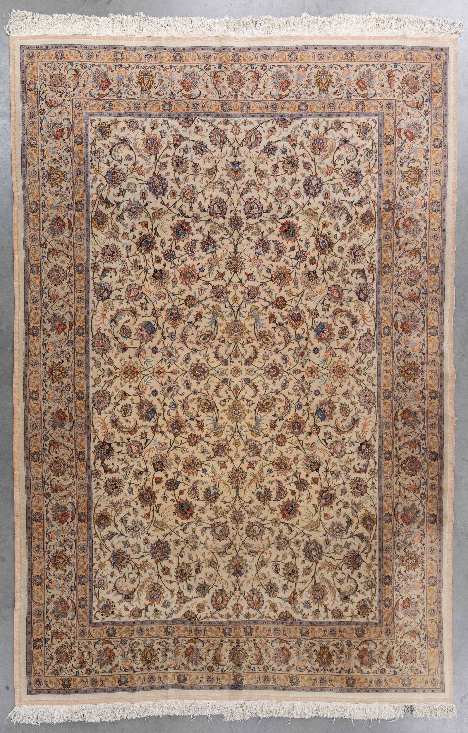 A Fine Oriental hand-made carpet, silk on silk, Isfahan, Iran, signed (297 x 201 cm). (1 of 8)