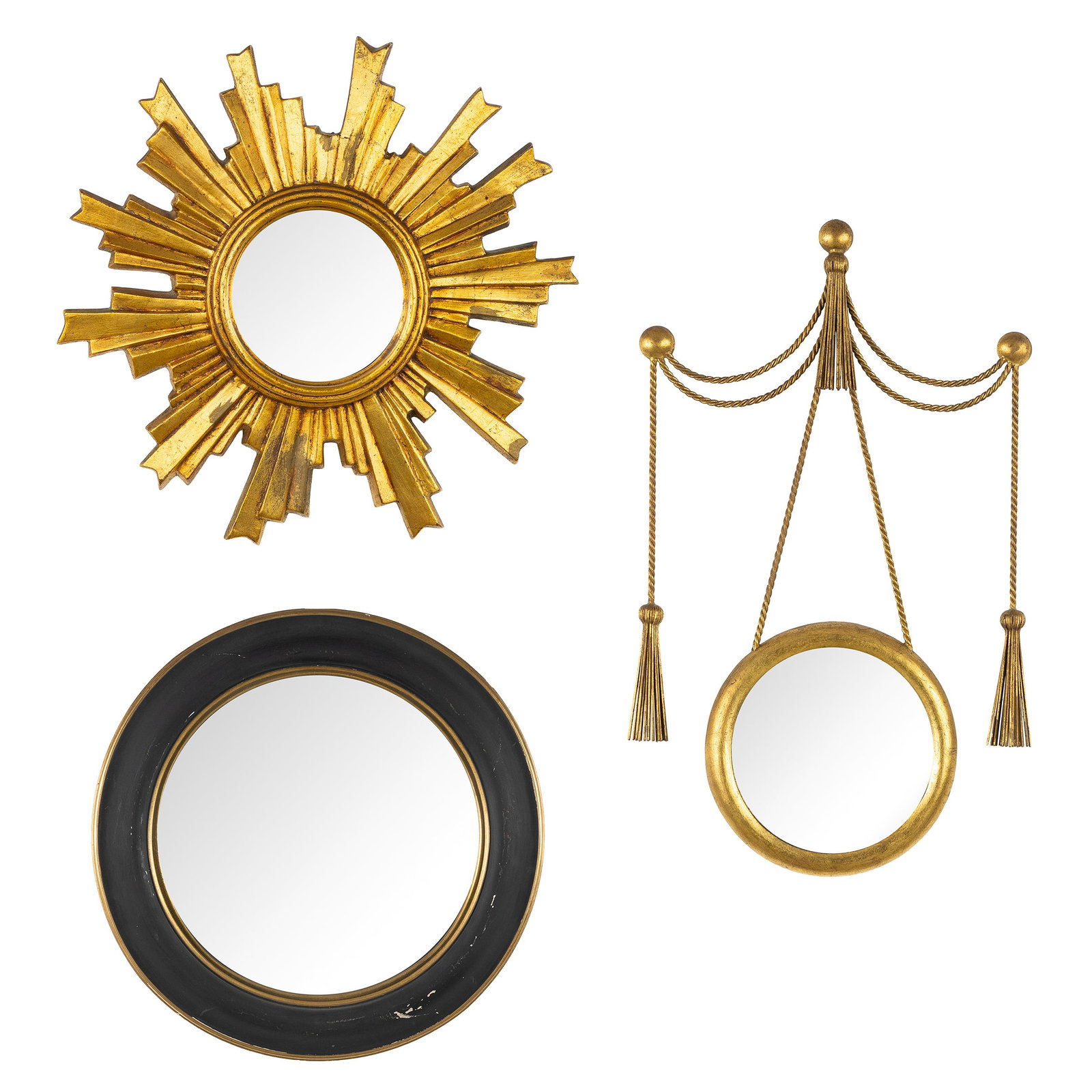 Three decorative sunburst mirrors and witch’s mirrors, gilded wood and resin. Circa 1970.: Three decorative sunburst mirrors and witch’s mirrors, gilded wood and resin. Circa 1970. Mid-century sun mirror, gilded resin, convex glass. Diameter: 35 cm. Mid-century witch’