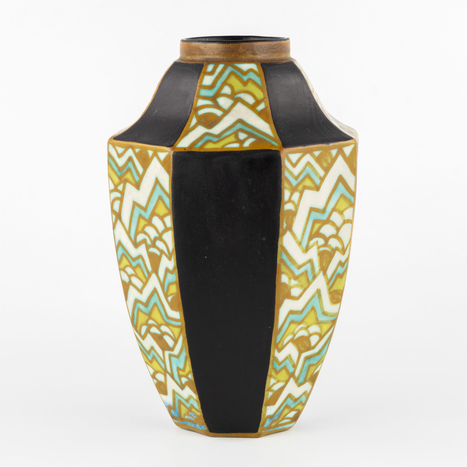 Charles Catteau (1880–1966) An Art Deco vase, ‘Polychrome design with highly stylised: Charles Catteau (1880–1966) An Art Deco vase, ‘Polychrome design with highly stylised floral motifs’, glazed ceramic for Boch Keramis. Polychrome design with floral motifs. Boch