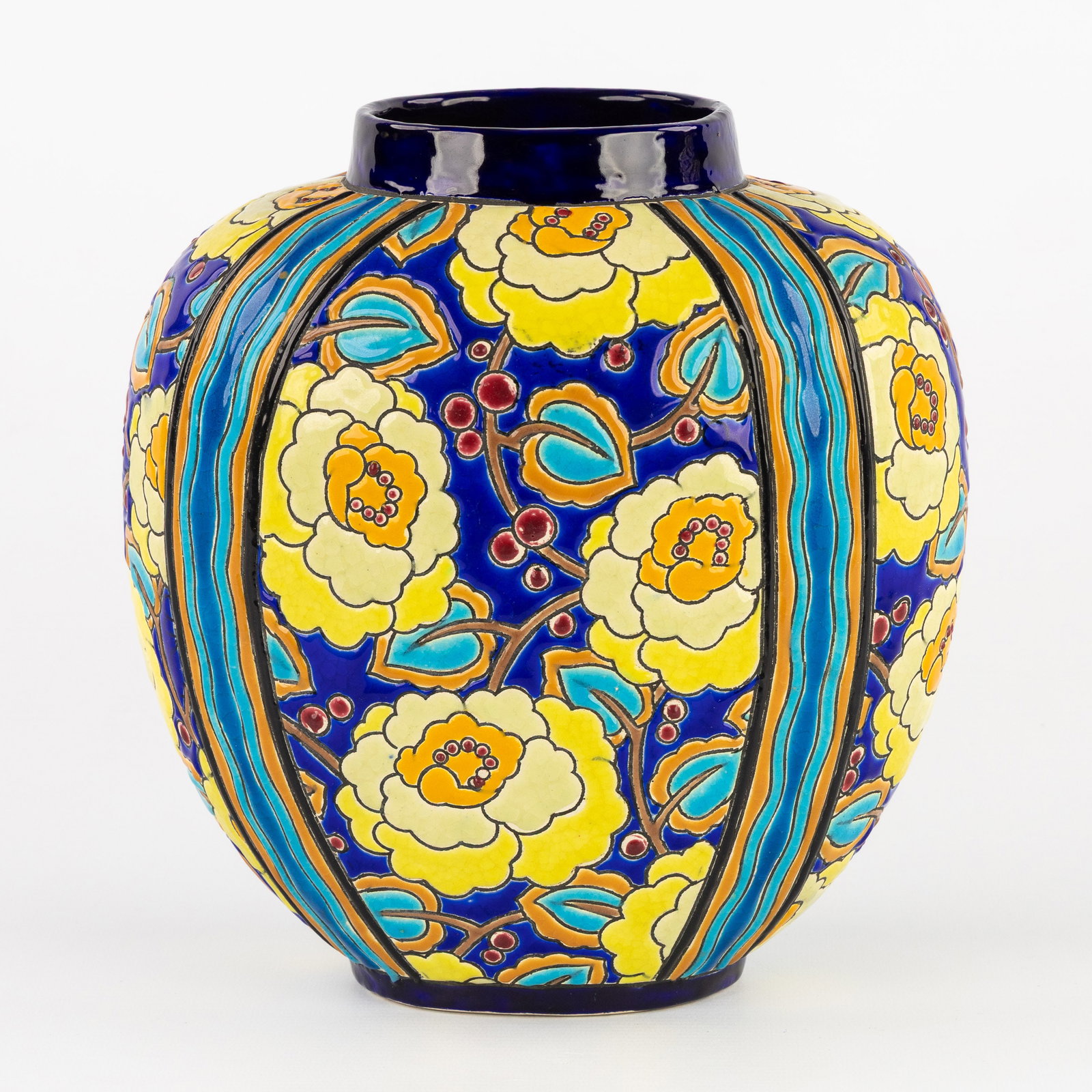 Raymond Chevalier (1900-1959), 'Polychrome design with floral motifs', glazed ceramics for Boch: Raymond Chevalier (1900-1959), 'Polychrome design with floral motifs', glazed ceramics for Boch Keramis. A vase: Polychrome design with floral motifs. Boch Frères Keramis Decor 2813 - Model 1291.