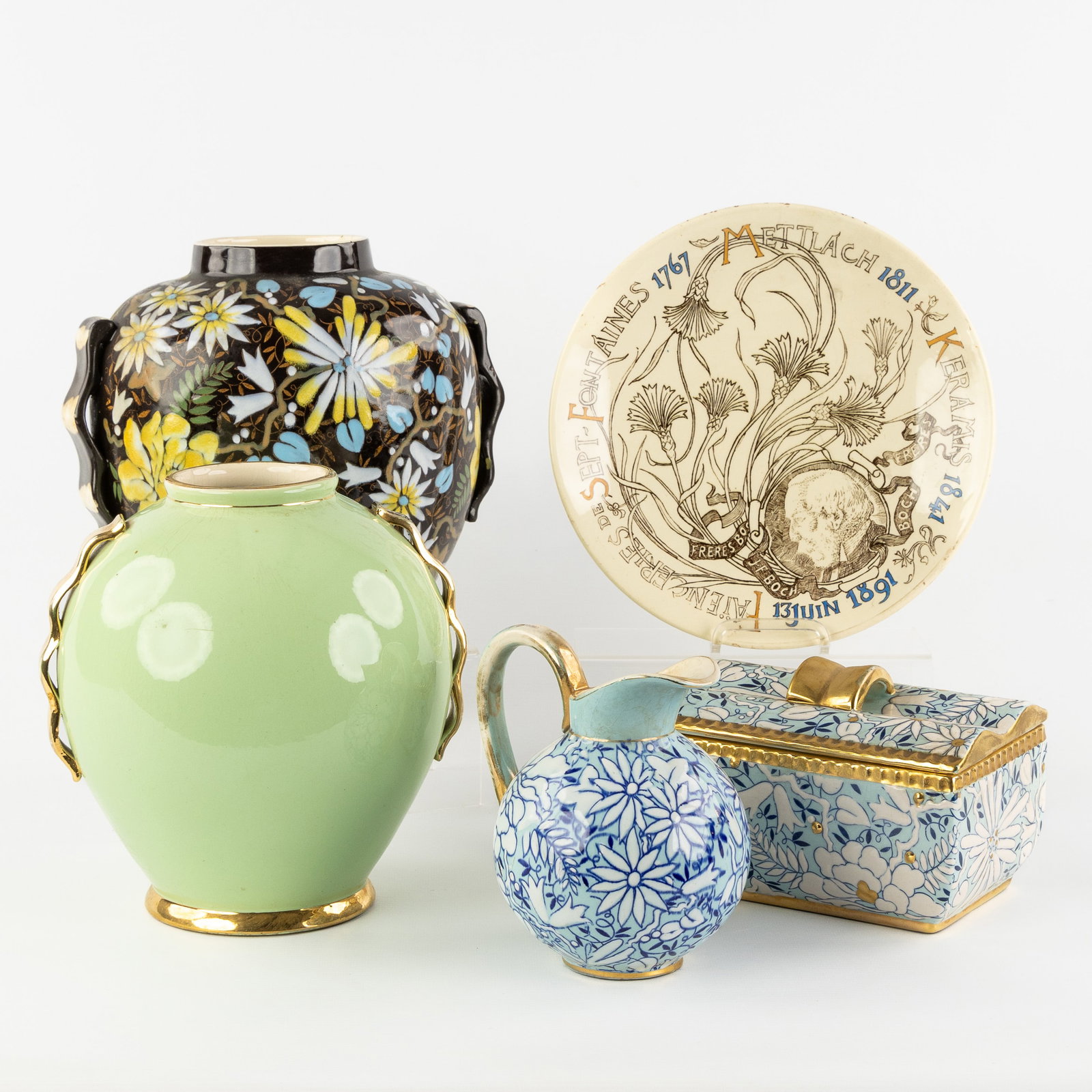 Raymond Chevalier (1900-1959) and Theo Van Rysselberghe (1862-1926), five pieces of glazed ceramics,: Raymond Chevalier (1900-1959) and Theo Van Rysselberghe (1862-1926), five pieces of glazed ceramics, for Boch Frères Keramis. Raymond Chevalier (1900-1959), a vase, for Boch Frères Keramis. 