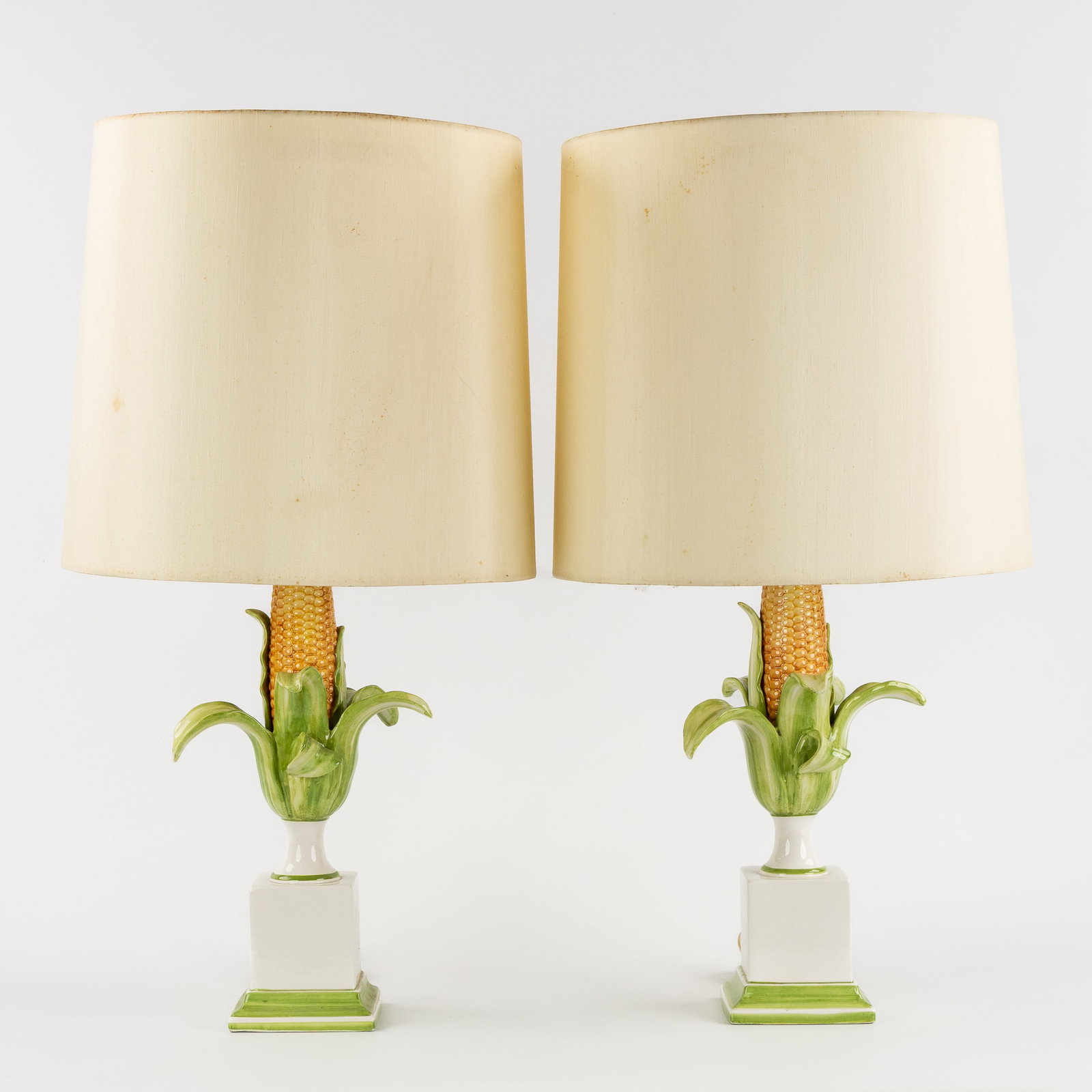 A Pair of decorative Italian table lamps in the shape of a Corn Cob, glazed ceramic, Italy, circa: A Pair of decorative Italian table lamps in the shape of a Corn Cob, glazed ceramic, Italy, circa 1960. Glazed ceramic.Marked 'Made in Italy' and labeled 'For M.I.T. Design'. Italy, ci