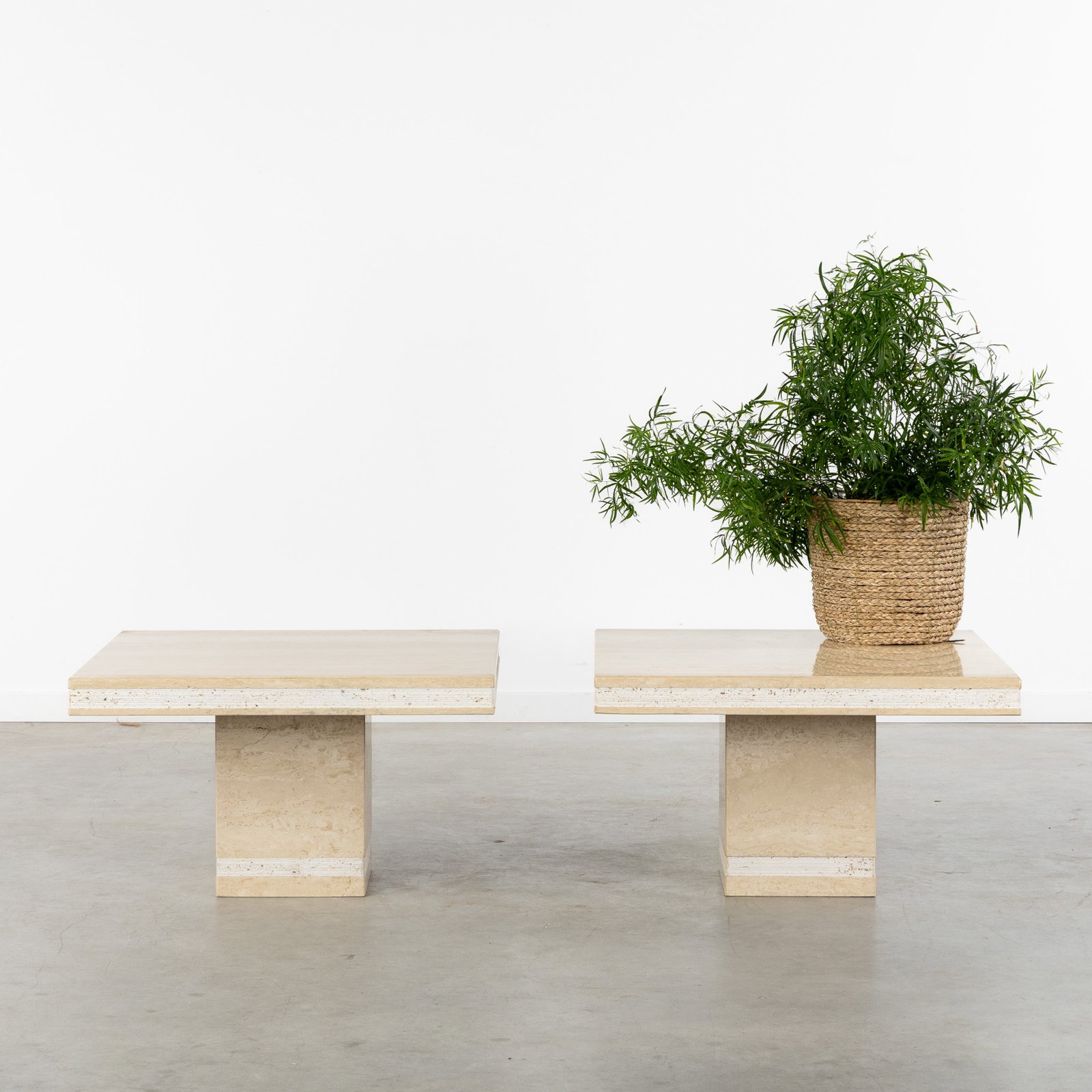 A Pair of square side tables or coffee tables, with decorative rim, travertine. Circa 1980-1990. (1 of 6)