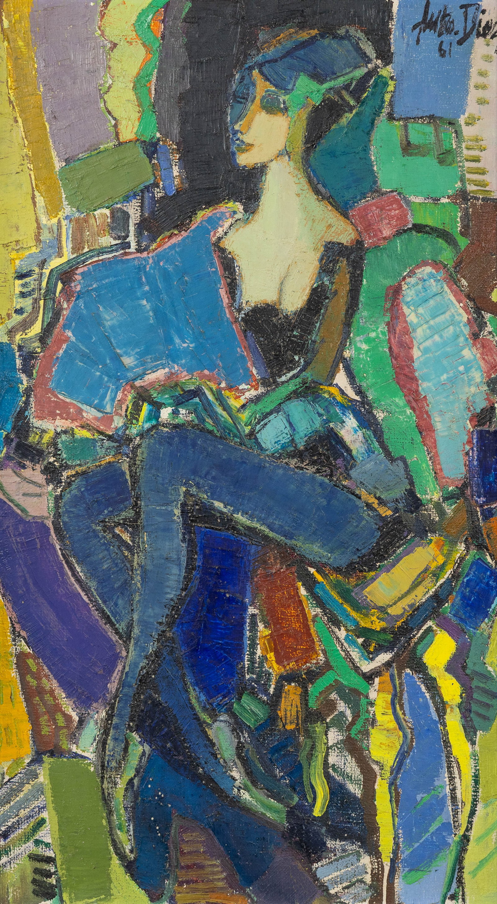 Anto Diez (1914-1992) 'Reading Woman in Blue', oil on canvas (1961).: Anto Diez (1914-1992) 'Reading Woman in Blue', oil on canvas (1961). Oil on canvas. Signed and dated upper right. (76 x 46 cm) (41 x 70 x 0 cm)