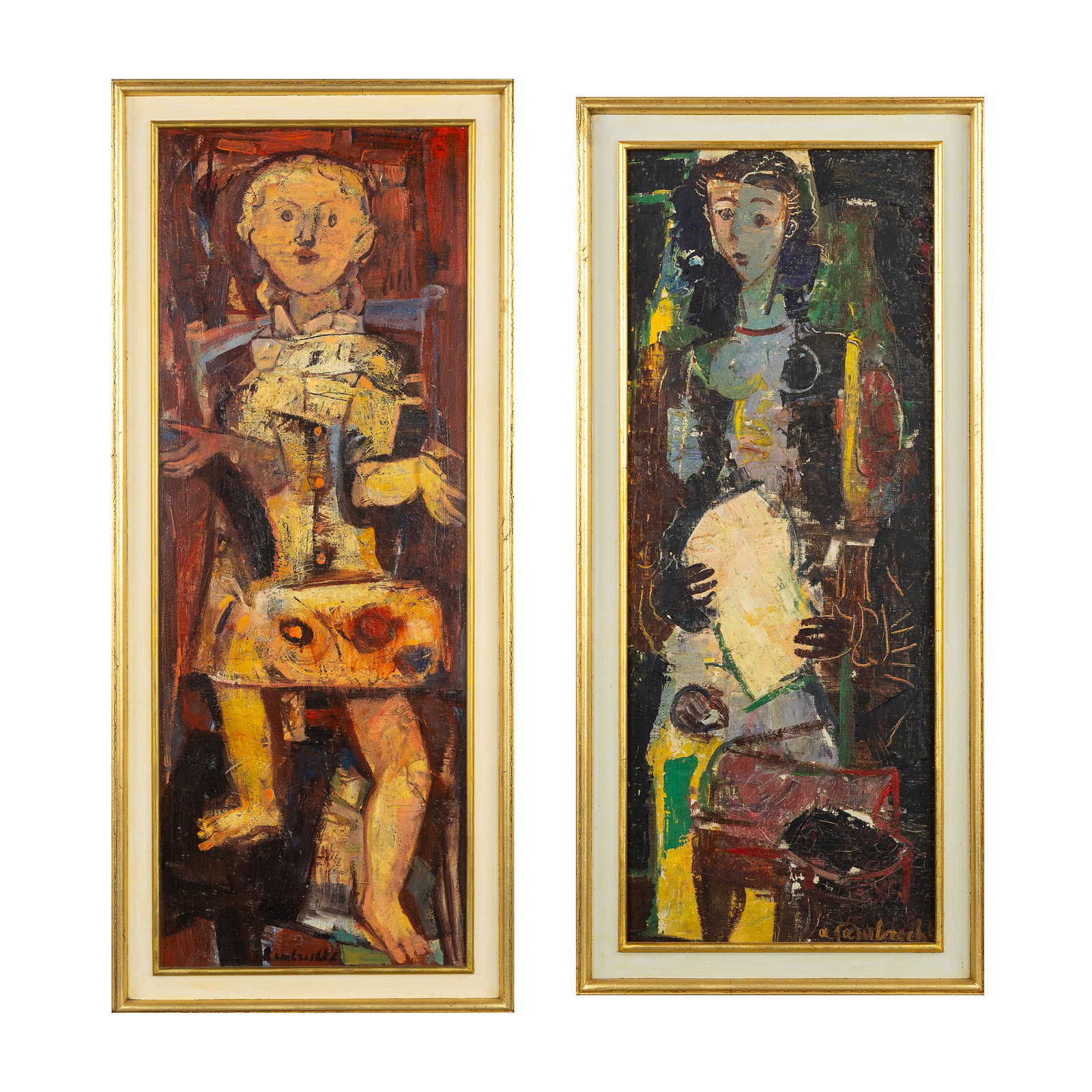Arthur Lambrecht (1904-1983) 'Painter and Muse', two paintings, oil on panel.: Arthur Lambrecht (1904-1983) 'Painter and Muse', two paintings, oil on panel. Oil on panel.- Signed bottom center. 110 x 41 cm (122 x 53 cm) / 105 x 42 cm (116 x 53,5 cm) (41 x 110 x 0 cm)
