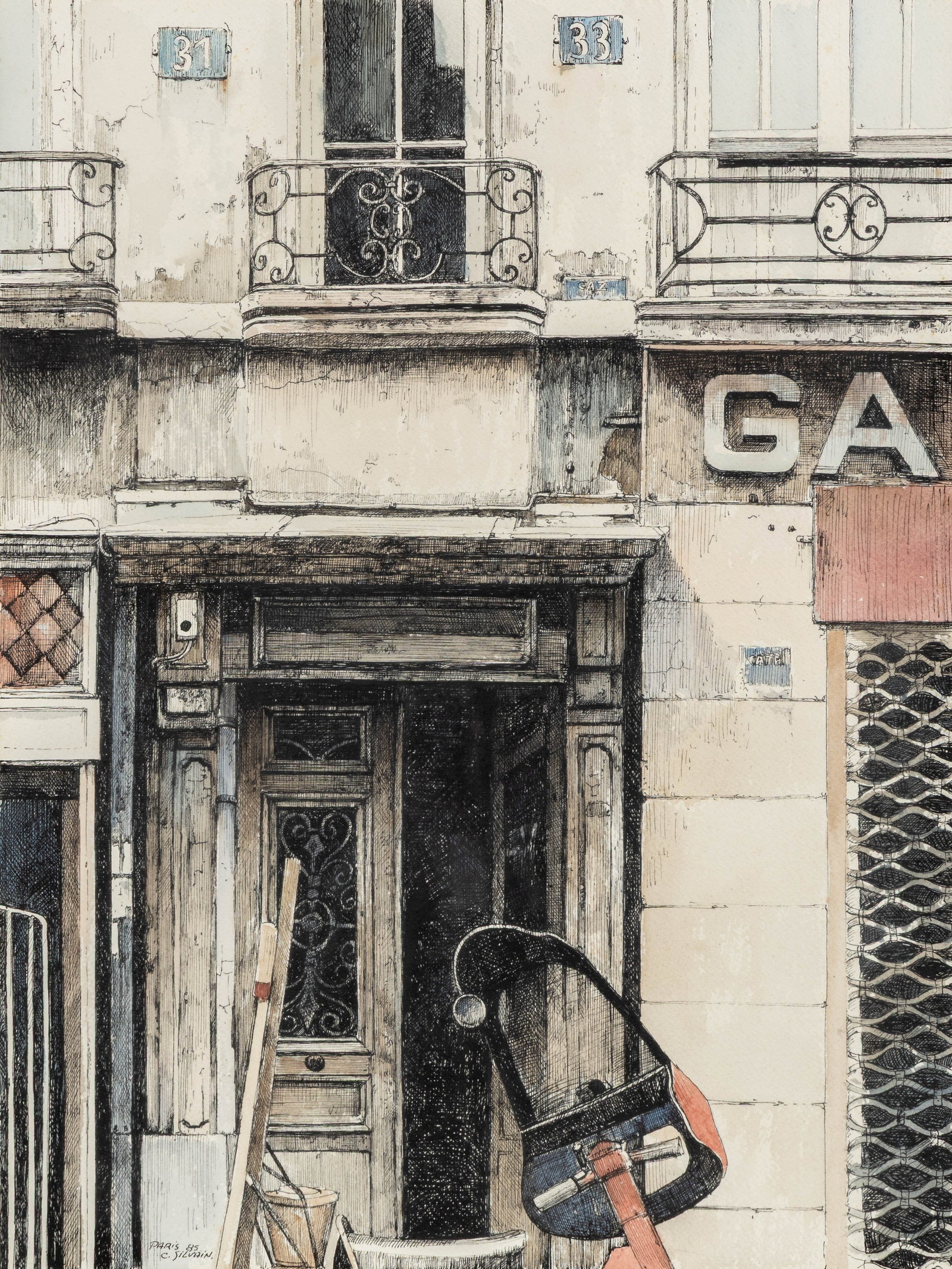 Christian Silvain (1950) 'Paris', a drawing, watercolour on paper (1985).: Christian Silvain (1950) 'Paris', a drawing, watercolour and pen on paper (1985). Watercolour and pen on paper.Signed, titled, and dated lower left. (67 x 57 cm) (31 x 41 x 0