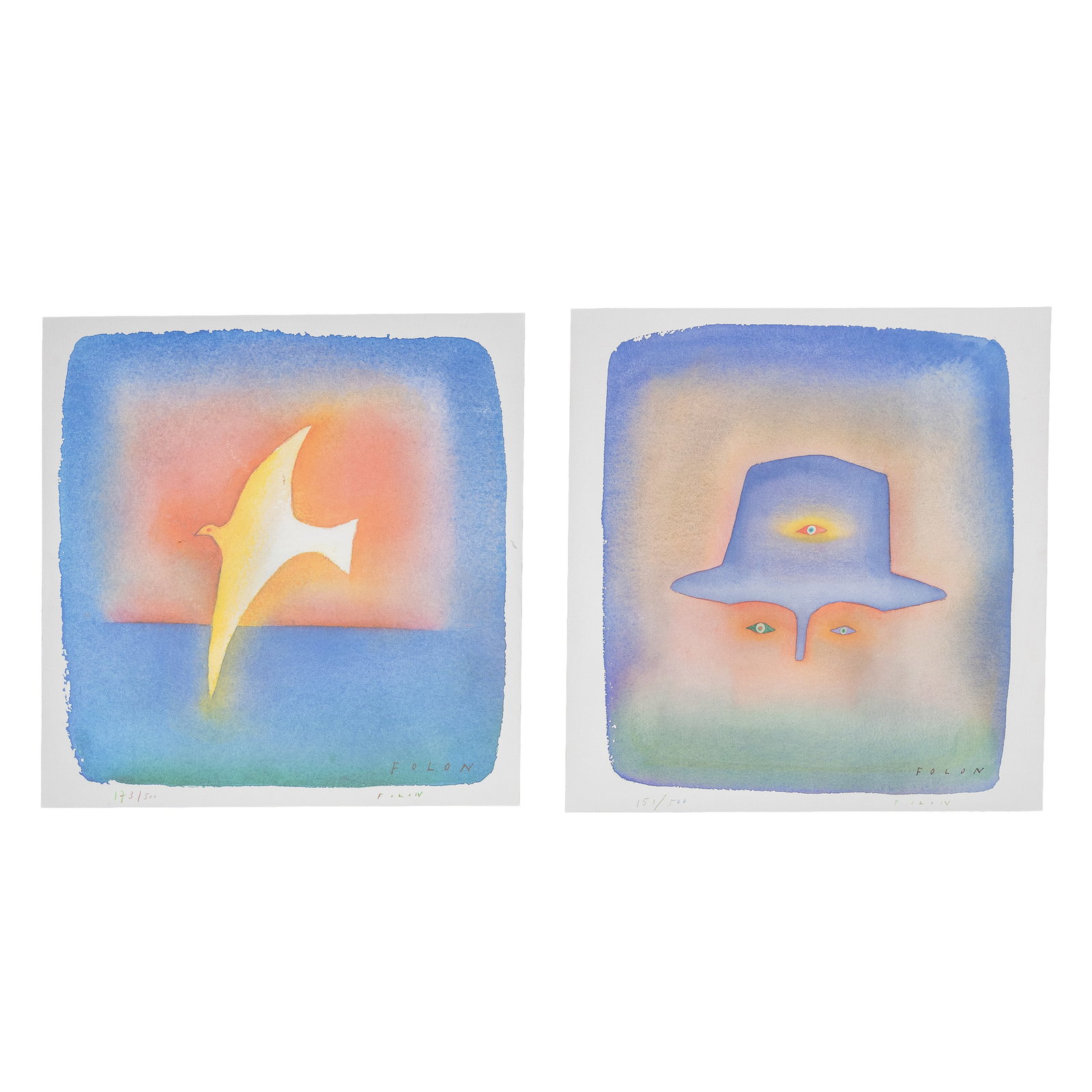 Jean-Michel Folon (1934-2005) 'L'Oiseau' (151/500) and 'L'Homme au Chapeau' (173/500), two: Jean-Michel Folon (1934-2005) 'L'Oiseau' (151/500) and 'L'Homme au Chapeau' (173/500), two serigraphs. Serigraphy. 'L'Oiseau'Signed bottom right.Numbered 151/500 lower left.