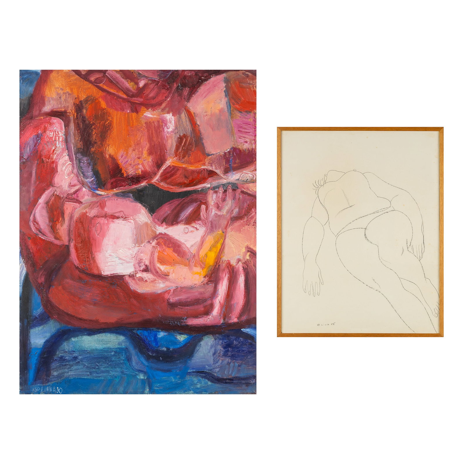 Livia Canestraro (1936) 'Figurative Composition' and 'Reclining Nude', a painting (1970) and a: Livia Canestraro (1936) 'Figurative Composition' and 'Reclining Nude', a painting (1970) and a drawing (1966). 'Figurative Composition' (1970)Oil on canvas.Signed and dated lower left.110