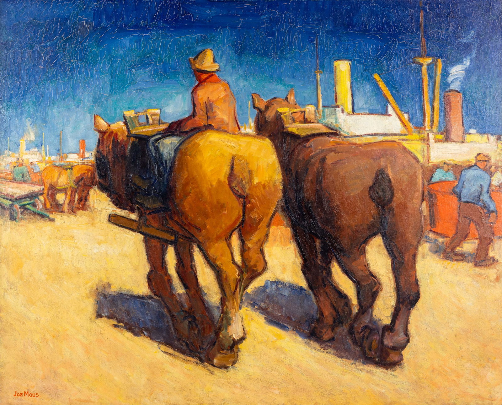 Jos Mous (1896-1968) 'Nation Horses, Antwerp', oil on canvas (1939).: Jos Mous (1896-1968) 'Nation Horses, Antwerp', oil on canvas (1939). Oil on canvas.Signed lower left.Signed, titled, and dated on the reverse. (153 x 185 cm) (165 x