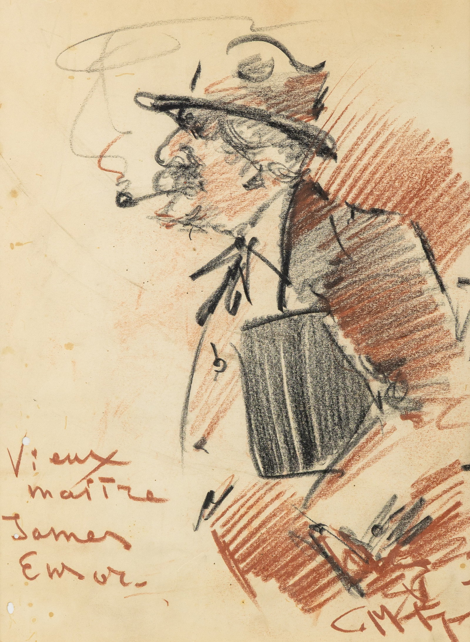 Charles Melikoff (XX) 'Vieux Maitre James Ensor', a drawing, mixed media. (1 of 6)