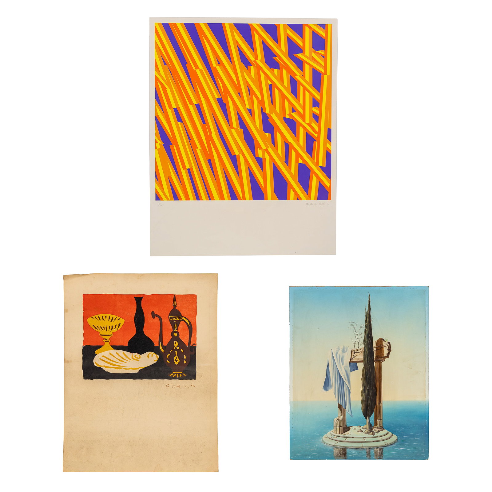 Rik Slabbinck (1914-1991), Jan van den Abbeel (1943-2018) and Martin Knipphals (1953), three works,: Rik Slabbinck (1914-1991), Jan van den Abbeel (1943-2018) and Martin Knipphals (1953), three abstract works, lithographs and oil on board. Rik Slabbinck (1914-1991) 'Still Life with Scallop'.Color lit