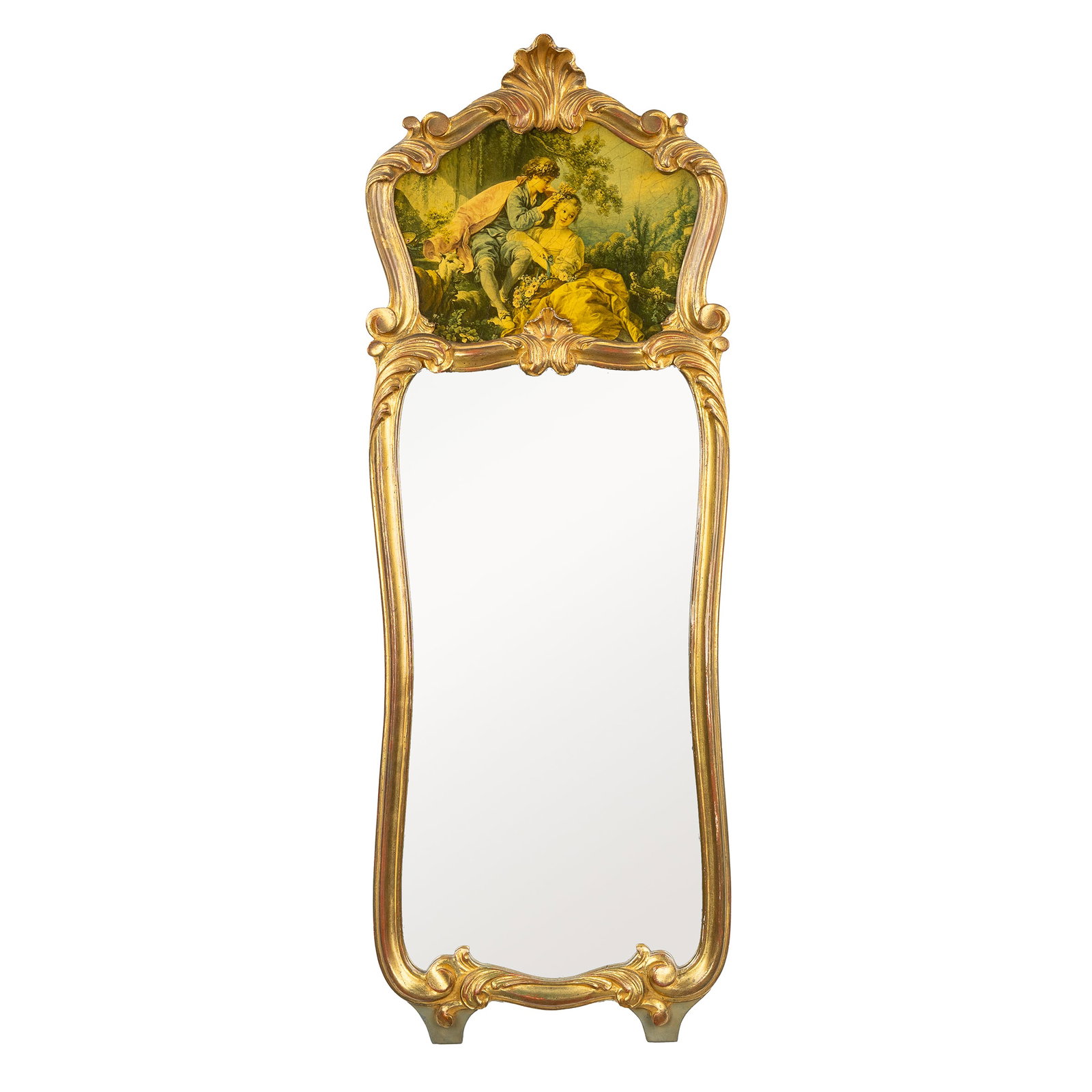 A Trumeau mirror, gilded and sculptured wood, Louis XV style.: A Trumeau mirror, gilded and sculptured wood, Louis XV style. Sculptured and gilded wood.Trumeau mirror with a gallant scene at the top. Louis XV style, 20th century. (32 x 90