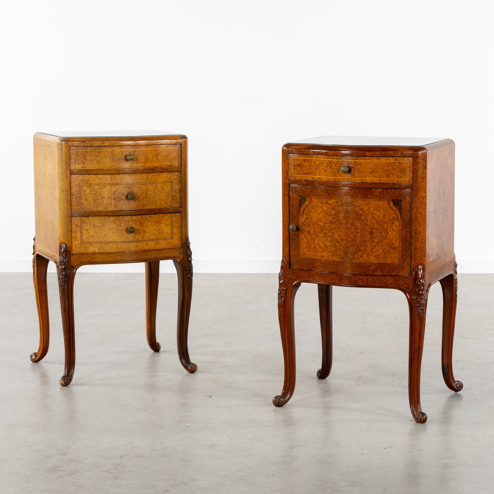 Two Night Stands or Side Tables, finished with Burl Wood Veneer and a Glass Top, Louis XV Style.: Two Night Stands or Side Tables, finished with Burl Wood Veneer and a Glass Top, Louis XV Style. Sculptured wood and burl wood veneer.Decorated with burl wood marquetry and parquetry, Louis XV style.