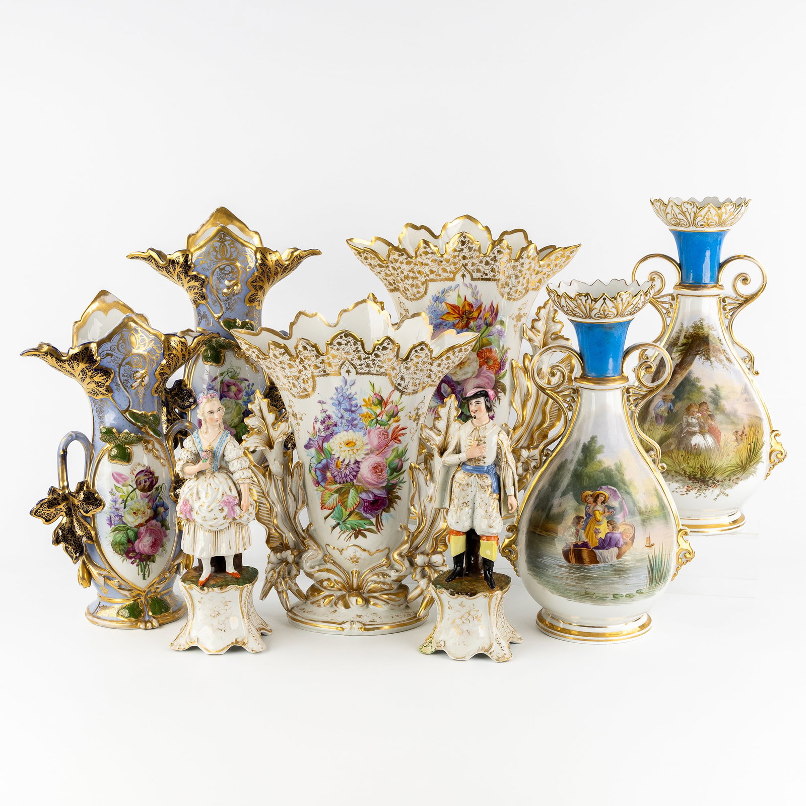Vieux Paris or Vieux Bruxelles: three pairs of decorative vases and a pair of figures, polychrome: Vieux Paris or Vieux Bruxelles: three pairs of decorative vases and a pair of figures, polychrome and gilded porcelain, 19th/20th century. Polychrome and gilded porcelain. Pair of chalice-shaped vases