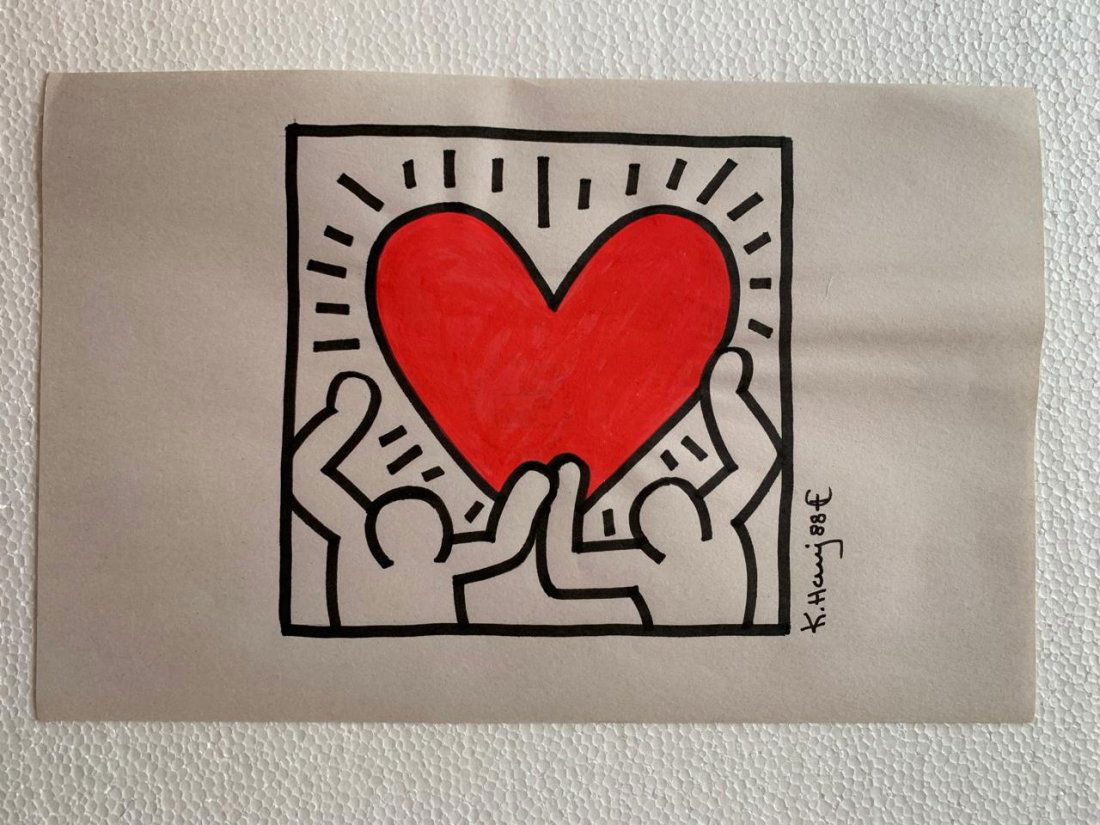 Keith haring mixed media drawing signed & stamped (1 of 2)