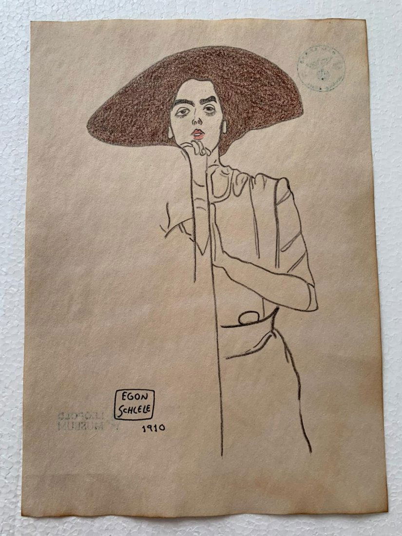 Egon Schiele Drawing on paper signed and sealed: Egon Schiele Drawing on paper sealed and signed.----------------------------Schiele's portraits and self-portraits helped re-establish the vitality of both genres with their unprecedented level of emo