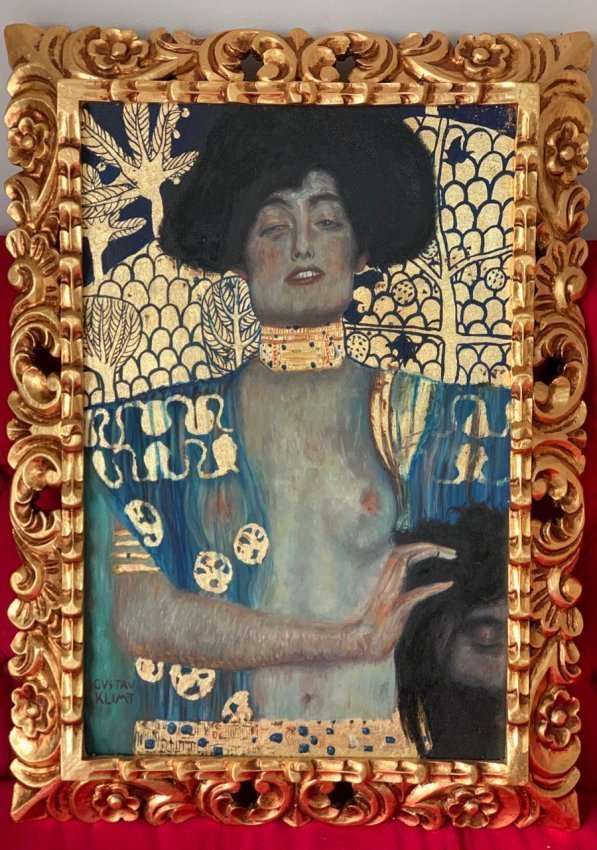 Gustav Klimt oil on canvas painting signed & stamped: Gustav Klimt oil on canvas painting signed & stampedMeasures: 28.5\" x 21\" inches.------------------------------------------------Gustav Klimt was an Austrian symbolist painter and one of the most pr