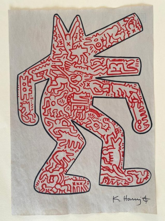 Keith haring mixed media drawing,sealed-in the style of: Keith haring mixed media drawing signed & stamped.------------------ Measures: 12\" x 8\" Inches aprox---------------------------------------Keith Allen Haring was an American artist whose pop art and