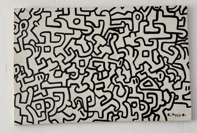 Keith Haring signed and sealed painting-in the style of: Keith Haring oil on canvas, signed and sealed painting------------------Measures: 15.7\" x 23.6\" inches-------------------------------------Keith Haring, an american artist whose pop art and graffiti