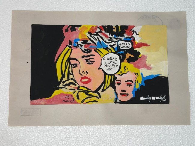 Andy Warhol mixed media drawing, signed-in the style of: Andy Warhol Drawing on paper mixed media signed & sealed.------------------Andy Warhol was an American artist, film director, and producer who was a leading figure in the visual art movement known as 