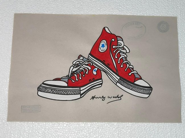 Andy Warhol mixed media drawing, signed-in the style of: Andy Warhol Drawing on paper mixed media signed & sealed.------------------Andy Warhol was an American artist, film director, and producer who was a leading figure in the visual art movement known as 