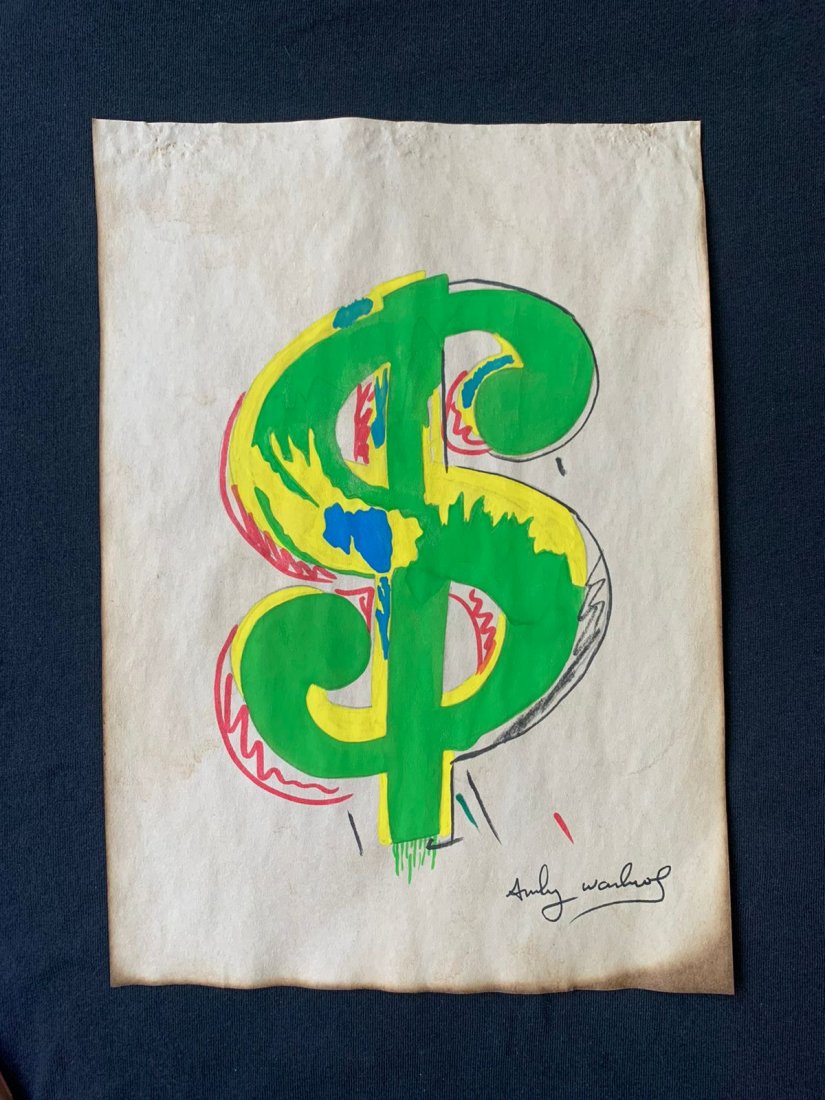 Andy Warhol mixed media drawing signed -in the style of: Andy Warhol Drawing on paper mixed media signed and sealed.------------------Andy Warhol was one of the most prolific and popular artists of his time, using both avant-garde and highly commercial sens