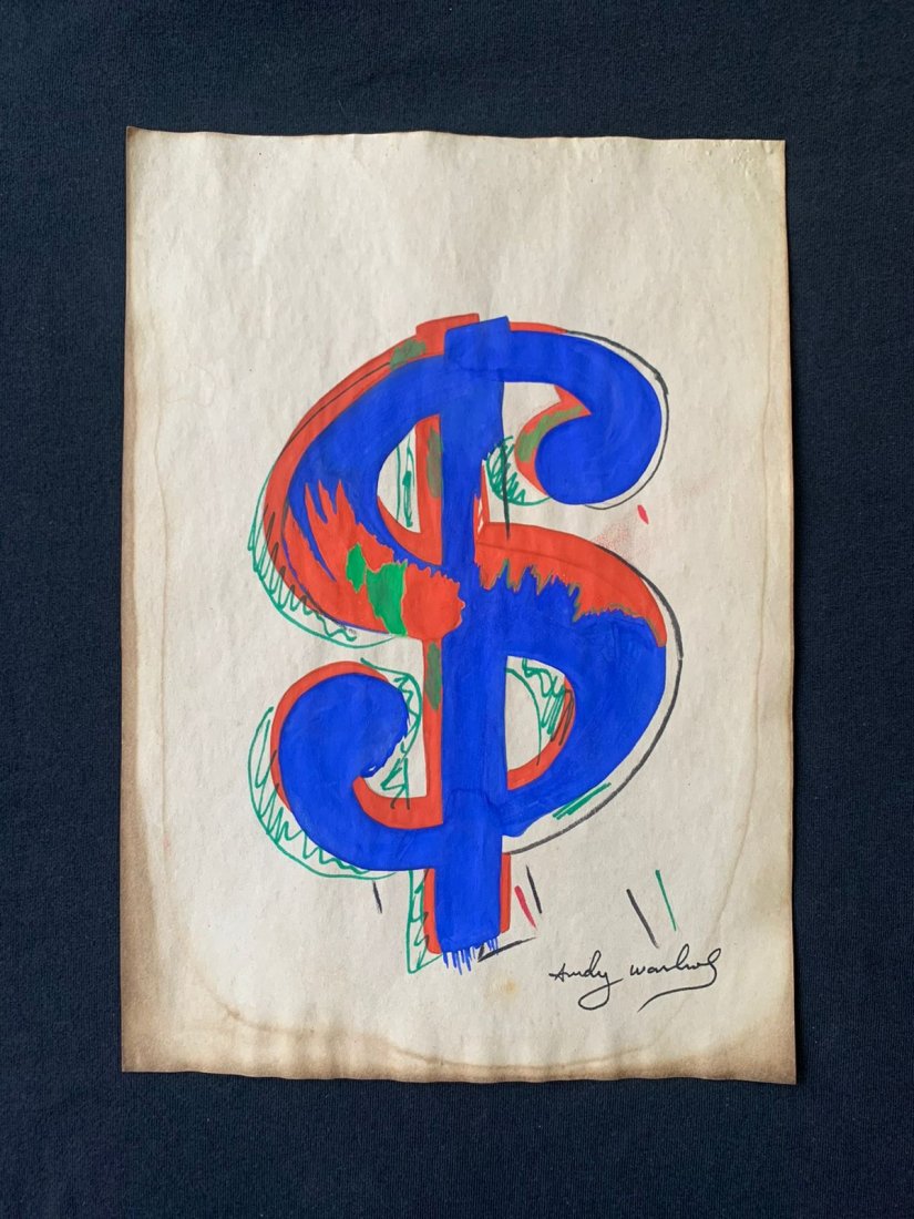 Andy Warhol mixed media drawing signed -in the style of: Andy Warhol Drawing on paper mixed media signed and sealed.------------------Andy Warhol was one of the most prolific and popular artists of his time, using both avant-garde and highly commercial sens