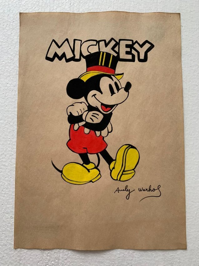 Andy Warhol mixed media drawing signed-in the style of: Andy Warhol Drawing on paper mixed media signed and sealed.------------------Andy Warhol was one of the most prolific and popular artists of his time, using both avant-garde and highly commercial sens