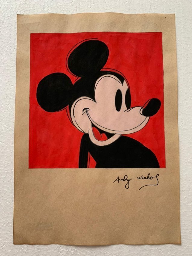 Andy Warhol mixed media drawing signed-in the style of: Andy Warhol Drawing on paper mixed media signed and sealed.------------------Andy Warhol was one of the most prolific and popular artists of his time, using both avant-garde and highly commercial sens