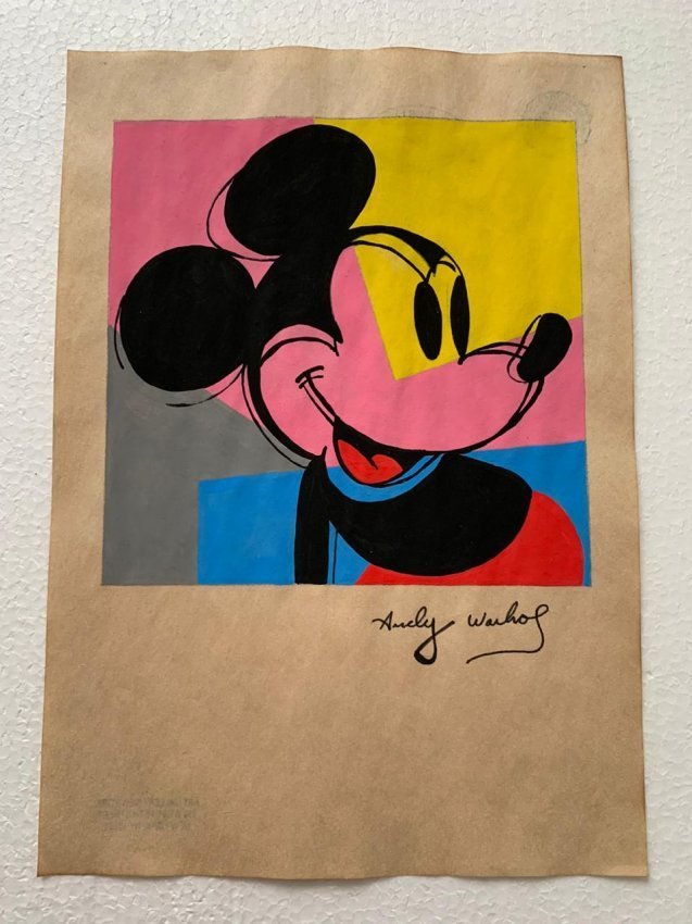 Andy Warhol mixed media drawing signed-in the style of: Andy Warhol Drawing on paper mixed media signed and sealed.------------------Andy Warhol was one of the most prolific and popular artists of his time, using both avant-garde and highly commercial sens
