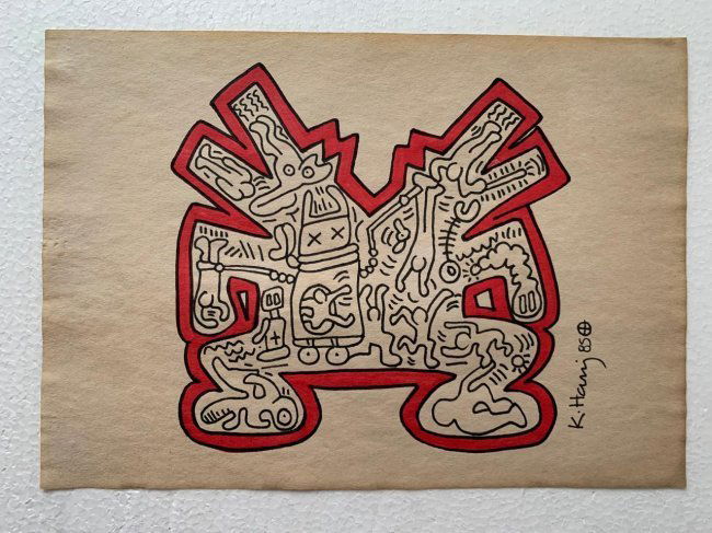 Keith haring mixed media stamped- in the style of: Keith haring mixed media drawing signed & stamped.------------------ Measures: 13\\" x 8" Inches---------------------------------------Keith Allen Haring was an American artist whose pop art and graff